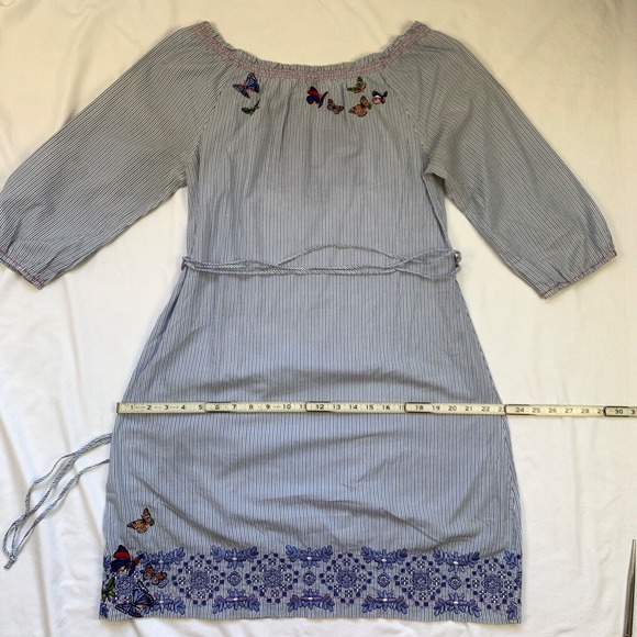 3J Workshop Johnny Was Striped Dress Embroidered S fit M Blue Milkmaid Floral - Picture 10 of 12